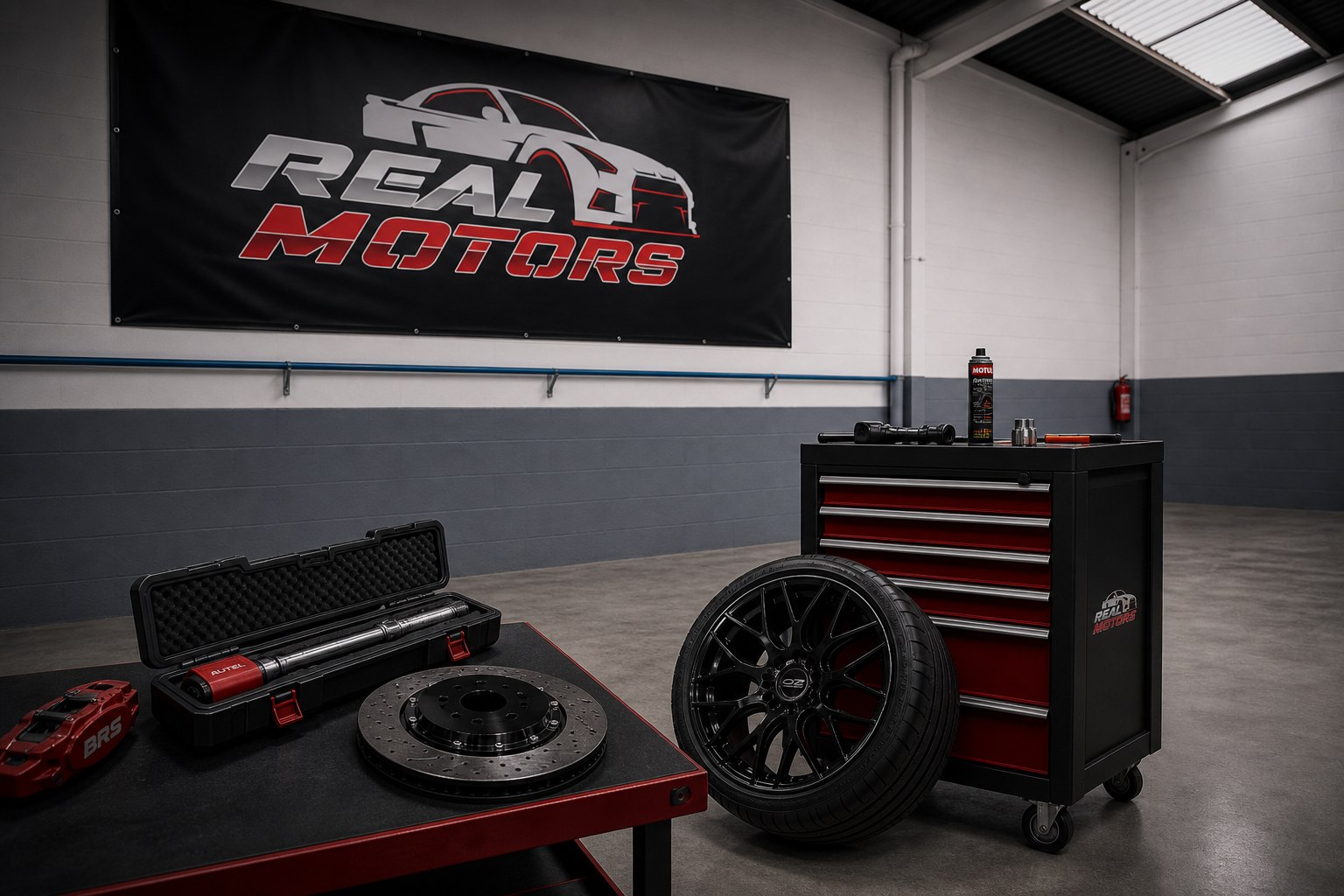 Detalle de herramientas, rueda y zona de trabajo en el taller Real Motors